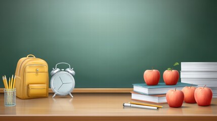Colorful Classroom Supplies Arrangement on Wooden Desk Background