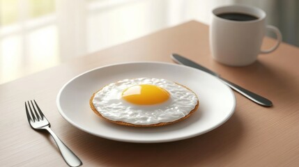 A sunny side up egg breakfast with coffee near the window, simple and tasty