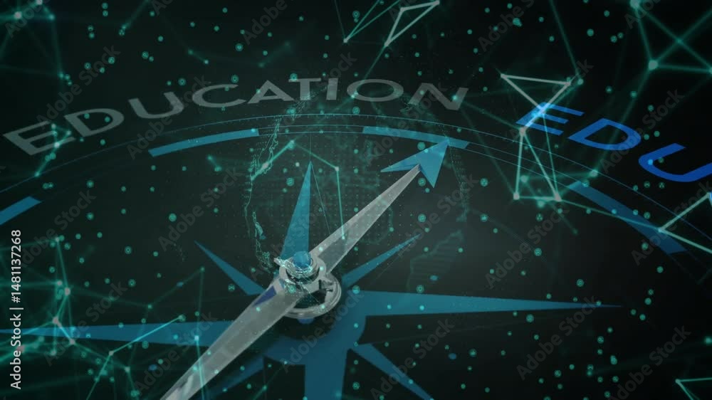 Poster metallic compass needle pointing upward in abstract tech scene, with globe overlay and data nodes