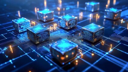 Digital blockchain inspired futuristic background, interconnected cryptographic nodes with artificial intelligence analysis visuals in modern digital art style