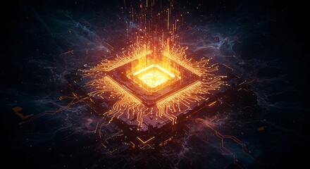 Futuristic glowing computer chip radiating digital technology