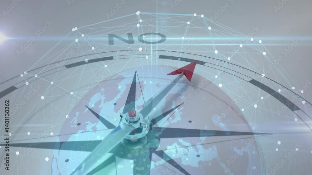 Poster 3d render metallic compass rose rotating over network nodes grid while red arrow tip pointing yes