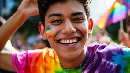 Celebrating Pride Joyfully Young Man with Rainbow Face Paint