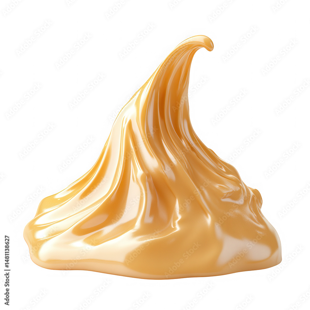 Poster a close up of a swirl of caramel colored cream against a stark white studio background view image