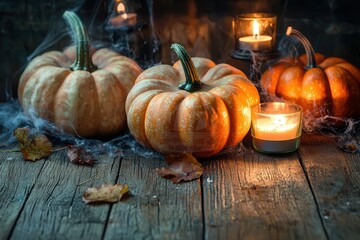 Cozy autumn scene with pumpkins and candles on a wooden table surrounded by leaves