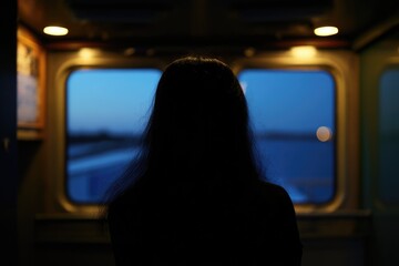 Silhouette of person gazing at twilight scenery through cabin windows.