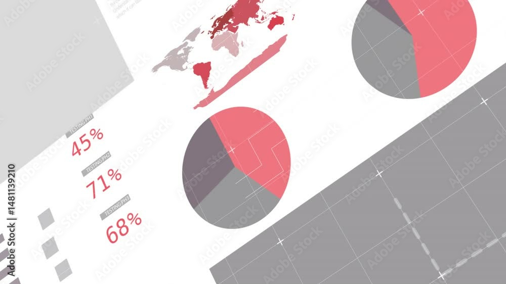 Poster minimalistic infographic displaying diagonal overlay connecting world map shapes with pie chart