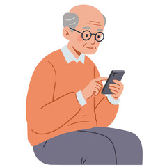 Elderly man using smartphone - experienced senior man with glasses intently using mobile phone, modern technology in hands of older generation.