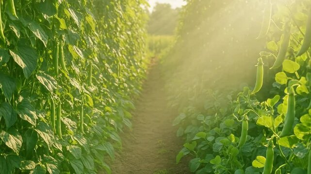 Lush Green Pea Plants in Rows Under Bright Sunshine in Field