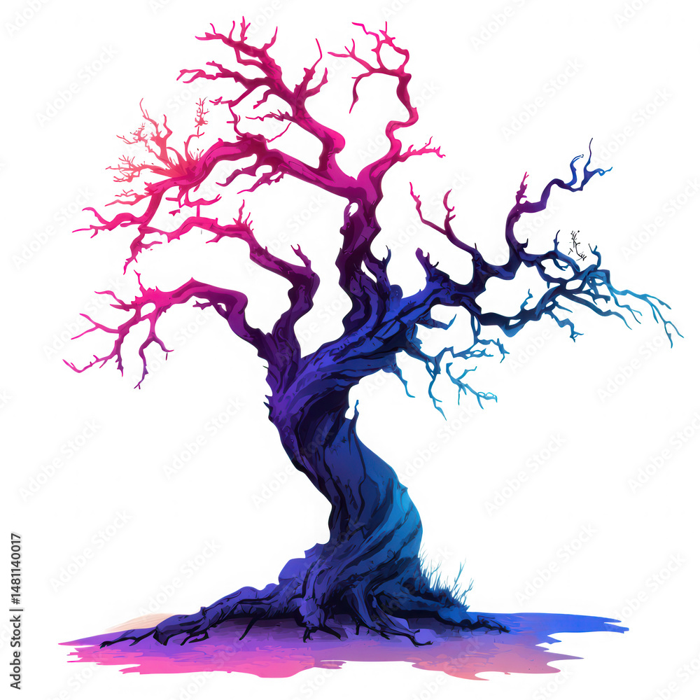 Poster a stylized tree with a gradient of pink to blue on a white background with a small patch of ground