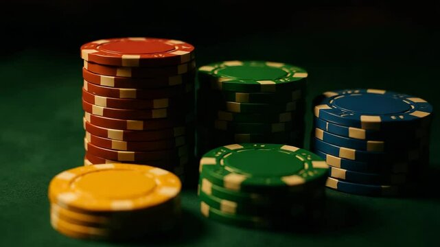 Colorful Poker Chips Stacked on Green Felt Background for Gaming
