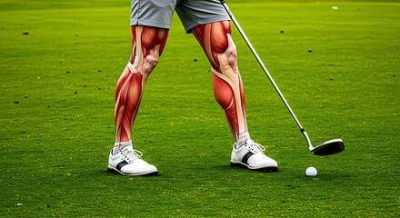Obraz premium Golf player with leg muscle structure diagram on a green field