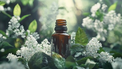 Amber bottle of essential oil surrounded by white blossoms and lush foliage
