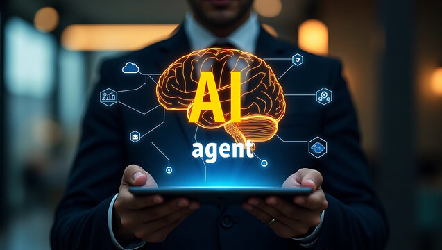 ai agent and ai brain is a artificial intelligence brain Businessman touching head tablet