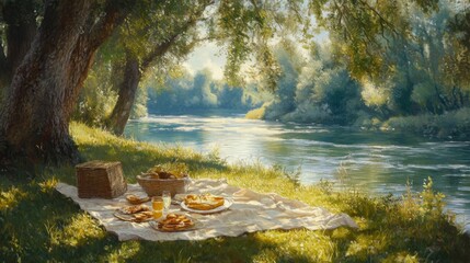 Peaceful Riverbank Picnic on a Sunny Summer Day
