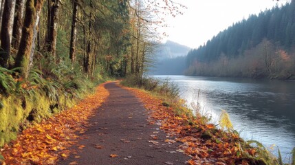 Peaceful autumnal scene along a forest river path