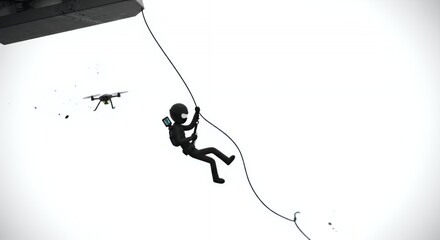 Stealthy Black Stickman Secret Agent Rappelling from Above in White Background with Gadgets High Angle