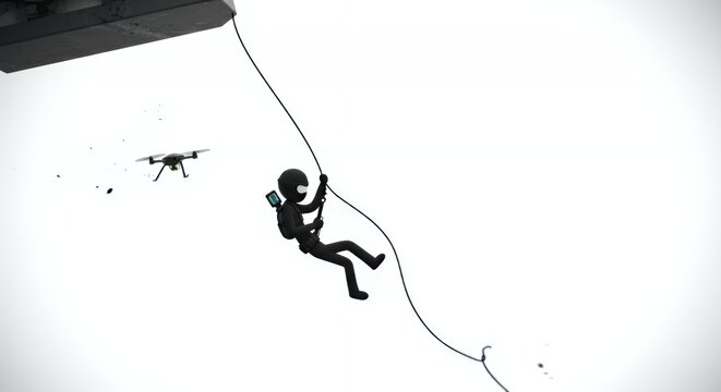 Stealthy Black Stickman Secret Agent Rappelling from Above in White Background with Gadgets High Angle