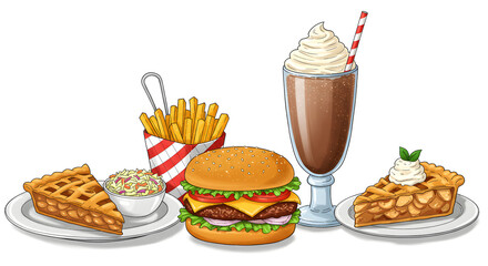 A juicy cheeseburger with crispy fries and coleslaw, accompanied by a thick chocolate milkshake with whipped cream. For dessert - a slice of warm apple pie &agrave; la mode