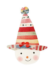 Cute festive snowman face with striped hat and red bow, cut out - stock png.