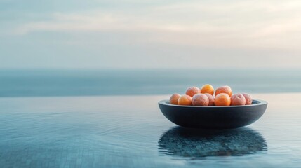 Ripe fruit in a bowl by the water at sunrise