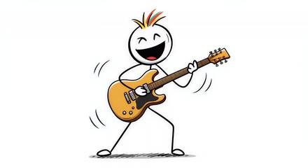 Energetic Stickman Musician Playing Guitar Isolated on White Background