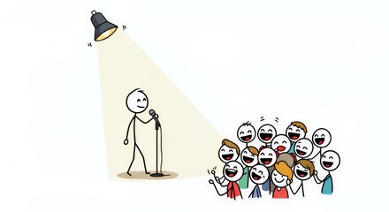 Hilarious Stickman Stand Up Comedian Delivers Punchline Under Spotlight on White Background with Laughing Stick Figure Audience Illustration