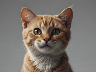 Close up portrait of a ginger tabby cat with green eyes. The feline animal has orange fur with stripes and white markings on its face and chest against gray background.