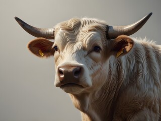 Close up of a beige cow with horns and yellow ear tags, looking directly at the camera against a neutral background. Livestock animal with detailed fur and facial features.