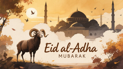 A warm Eid al-Adha Mubarak illustration featuring a majestic ram with curly horns standing prominently in the foreground. Eid al Adha, Eid al Adha Mubarak, Eid Mubarak