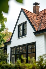 A stunning white house adorned with elegant black trim and a vibrant red tiled roof is beautifully nestled among lush greenery on a bright, sunny day