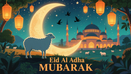 Eid al-Adha Mubarak celebration with a serene and festive night scene featuring a white sheep standing gracefully in the foreground. Eid al Adha, Eid al Adha Mubarak, Eid Mubarak