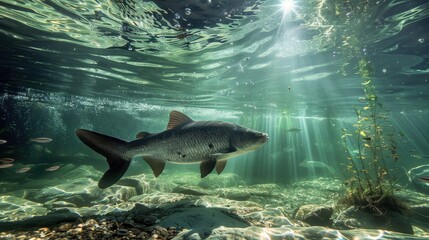 Fototapeta premium Sunlit river view features a giant catfish, dappled patterns, plants, rocky bed, small fish, and bubbles.