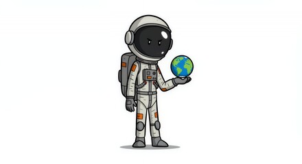 Stickman Astronaut in White Suit Holding Small Earth Globe Isolated on White Background Symbolizing Future Space Exploration and Environmental Responsibility