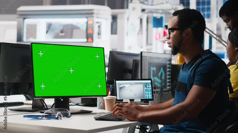 Poster african american male engineer does troubleshooting on copy space display, fixing errors to ensure s