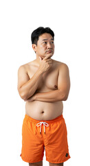 Middle-aged Asian man, shirtless in orange swim trunks, stands thoughtfully with his hand on his chin, contemplating against a plain transparent background in a studio setting.