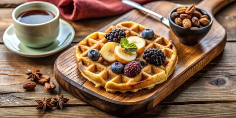 A delightful waffle breakfast featuring assorted berries and fruit slices served on a rustic wooden board accompanied by a cup of coffee and a small bowl of nuts