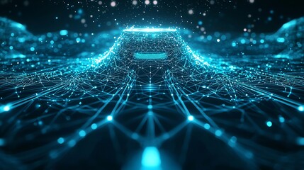 Futuristic Blue Network Visualization with Glowing Lines and Dots in Cyberspace