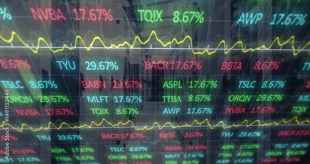Poster featuring 3d ticker symbols scrolling over server corridor, charting yellow trend line