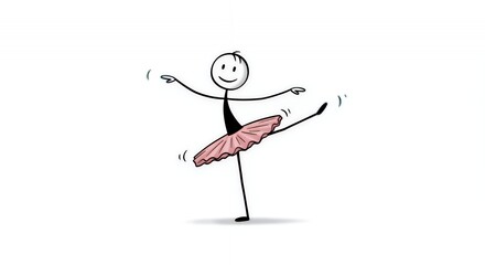 Fototapeta premium Stickman Ballet Dancer in Pink Tutu Performing Pirouette on White Background Depicting Grace Elegance and Poise in Minimalist Style Ideal for Dance Art and Graphic Design