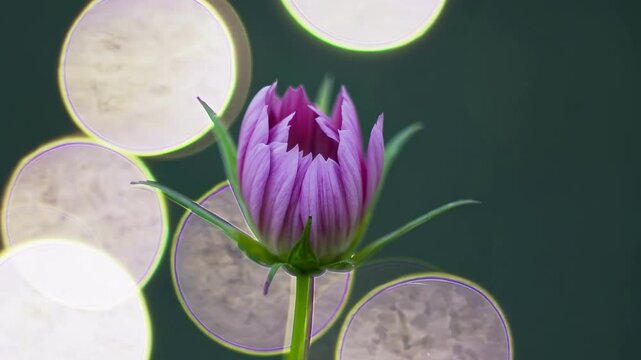 Close-up video of a purple flower bud with a dreamy, artistic style. Soft focus and bokeh circles create a whimsical, serene atmosphere. Live desktop wallpaper.