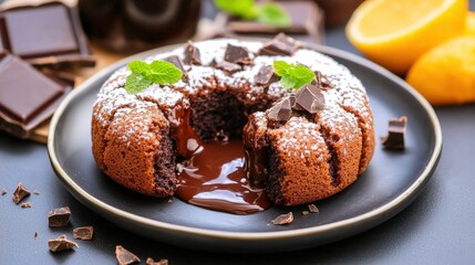 Delicious gooey chocolate cake with melting center and mint garnish