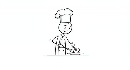 Stickman Chef Character Plating Food on White Background Demonstrating Culinary Skill and Professionalism in Simple Black and White Illustration