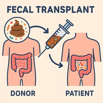 the process of fecal transplantation (also called fecal microbiota transplantation or FMT).The diagram shows in a simplified and educational way the transfer of fecal matter from a healthy donor 