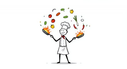 Stickman Chef Juggling Flaming Pans and Ingredients on White Background Representing Culinary Skill and Energy