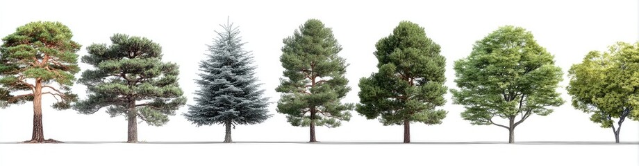 Variety of Trees Against White Background