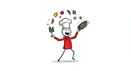 Stickman Chef Tossing Ingredients on White Background in Red Uniform Representing Culinary Profession