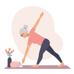 Elderly woman at yoga studio - graceful senior woman practicing asana in bright yoga studio, her serene face reflecting inner peace and wisdom of age.