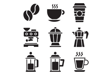 Black vector icon set of coffee and drink symbols for cafe and restaurant design