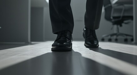 Formal black shoes and pants walking in modern office gray monochrome